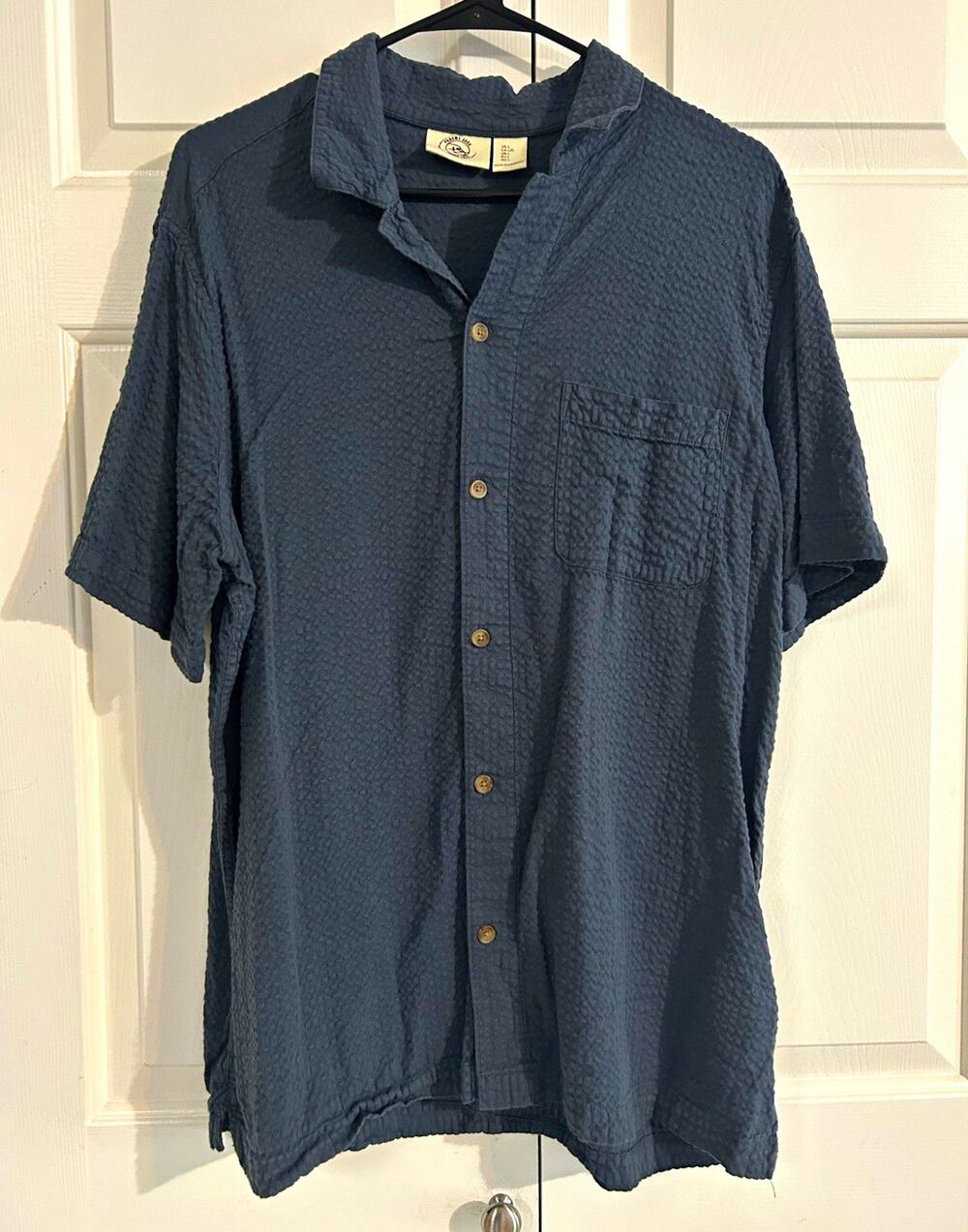 Panama Jack Men's Blue Textured Woven Short Sleeve Button-Up Shirt L Pockets